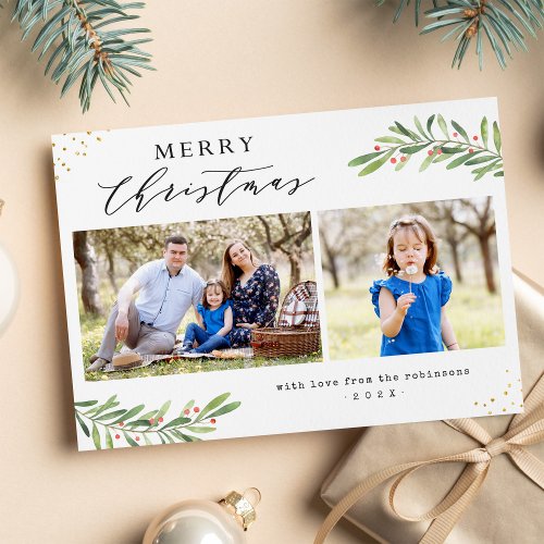 Merry Christmas Script Berries Foliage 2 Photos Holiday Card
