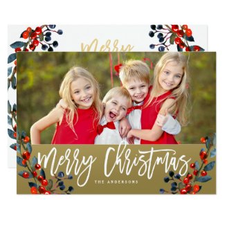 Merry Christmas Script Berries Holiday Photo Card