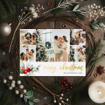 Merry Christmas Script Berry Leaves Photo Collage Foil Holiday Card<br><div class="desc">Embrace the festive spirit with our luxurious personalized Christmas card, designed to capture the warmth and joy of the season. The card takes center stage with a delightful arrangement of five square-sized photos, each telling a unique story of your family's cherished moments. As your eyes drift below, a delicate watercolor...</div>