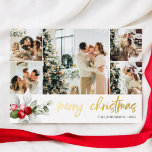 Merry Christmas Script Berry Leaves Photo Collage Foil Holiday Card<br><div class="desc">Embrace the festive spirit with our luxurious personalized Christmas card, designed to capture the warmth and joy of the season. The card takes center stage with a delightful arrangement of five square-sized photos, each telling a unique story of your family's cherished moments. As your eyes drift below, a delicate watercolor...</div>