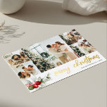 Merry Christmas Script Berry Leaves Photo Collage Foil Holiday Card<br><div class="desc">Embrace the festive spirit with our luxurious personalized Christmas card, designed to capture the warmth and joy of the season. The card takes center stage with a delightful arrangement of five square-sized photos, each telling a unique story of your family's cherished moments. As your eyes drift below, a delicate watercolor...</div>