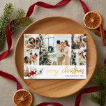 Merry Christmas Script Berry Leaves Photo Collage Foil Holiday Card<br><div class="desc">Embrace the festive spirit with our luxurious personalized Christmas card, designed to capture the warmth and joy of the season. The card takes center stage with a delightful arrangement of five square-sized photos, each telling a unique story of your family's cherished moments. As your eyes drift below, a delicate watercolor...</div>