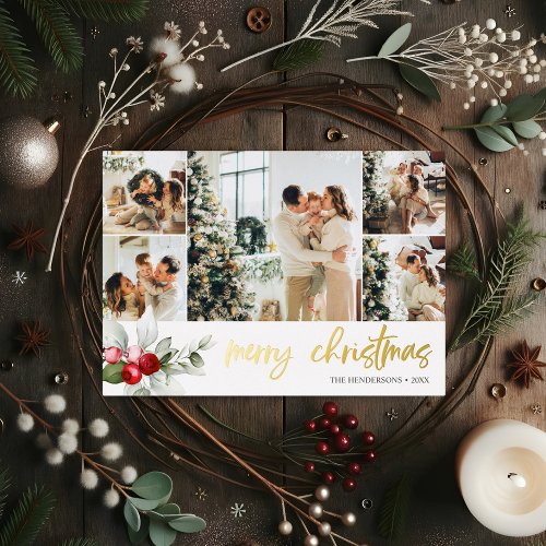Merry Christmas Script Berry Leaves Photo Collage Foil Holiday Card