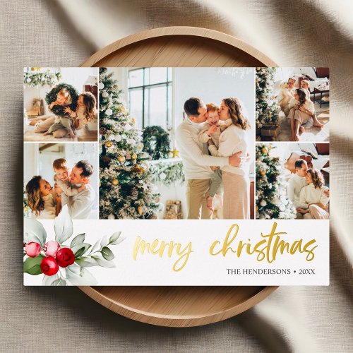 Merry Christmas Script Berry Leaves Photo Collage Foil Holiday Card