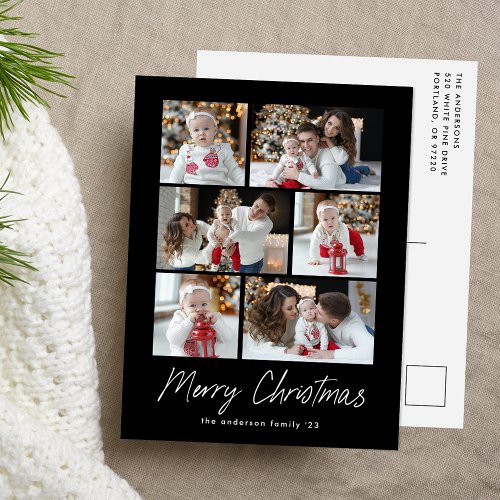 Merry Christmas Script Black 6 Photo Collage Holiday Postcard