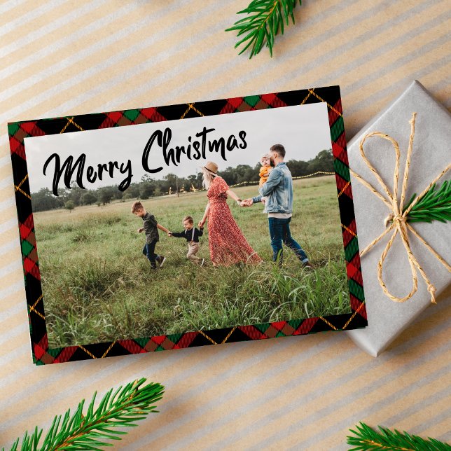 Merry Christmas Script Black Plaid Photo Holiday  Note Card (Creator Uploaded)