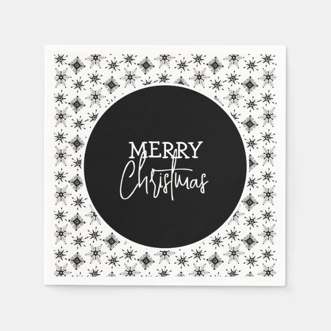 Merry Christmas Script Black Snowflakes    Napkins (Front)