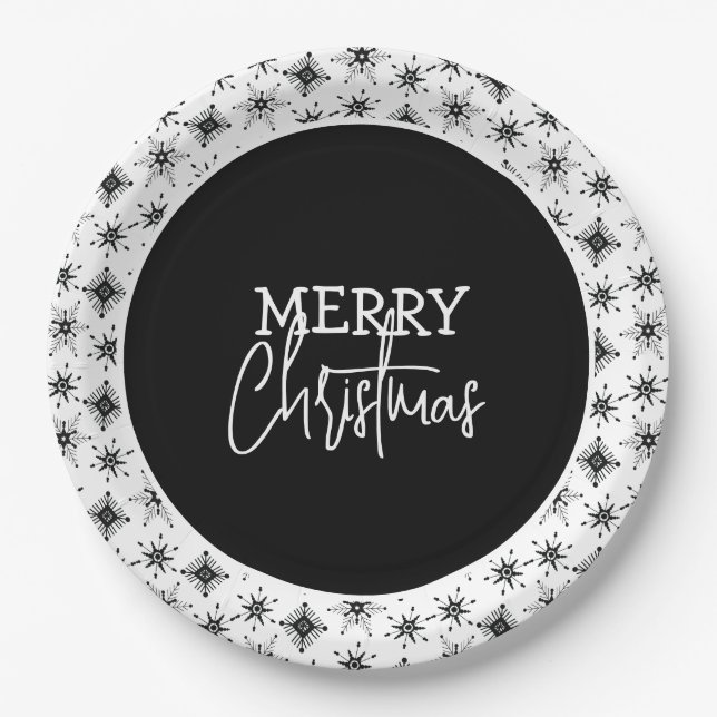 Merry Christmas Script Black Snowflakes    Paper Plates (Front)