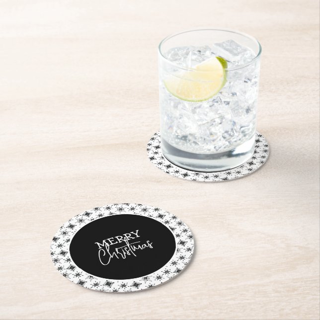 Merry Christmas Script Black Snowflakes  Round Paper Coaster (Insitu)