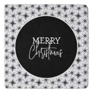 Merry Christmas Script Black Snowflakes Trivet