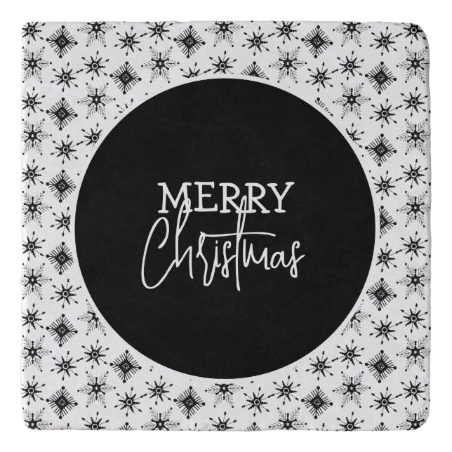Merry Christmas Script Black Snowflakes     Trivet (Front)