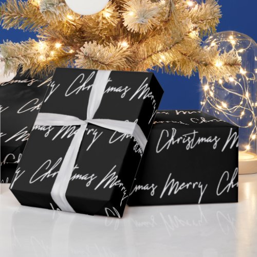 Merry Christmas Script Black White Seasonal Winter Wrapping Paper