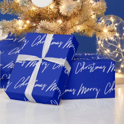 Merry Christmas Script Blue White Seasonal Winter Wrapping Paper
