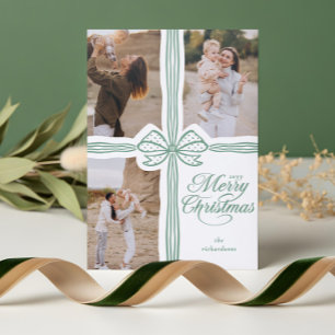 Merry Christmas Script Bow Present Photo Collage Letterpress Photo Cards