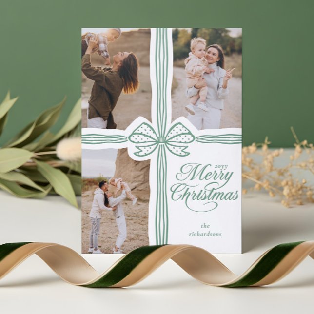 Merry Christmas Script Bow Present Photo Collage Letterpress Photo Cards (Merry Christmas Script Bow Present Photo Collage Letterpress Photo Cards)