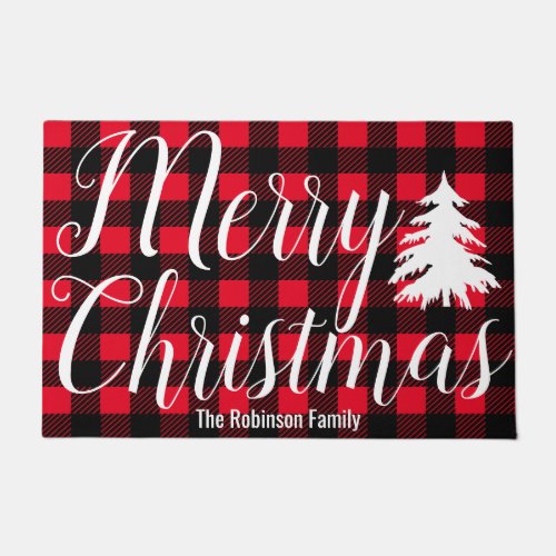 Merry Christmas Script  Buffalo Plaid Family Name Doormat