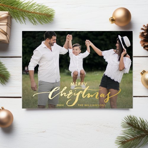 Merry Christmas Script Calligraphy 2 photos Gold Foil Invitation