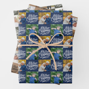 Merry Christmas Script Checkerboard 6 Photo Set Wrapping Paper Sheets