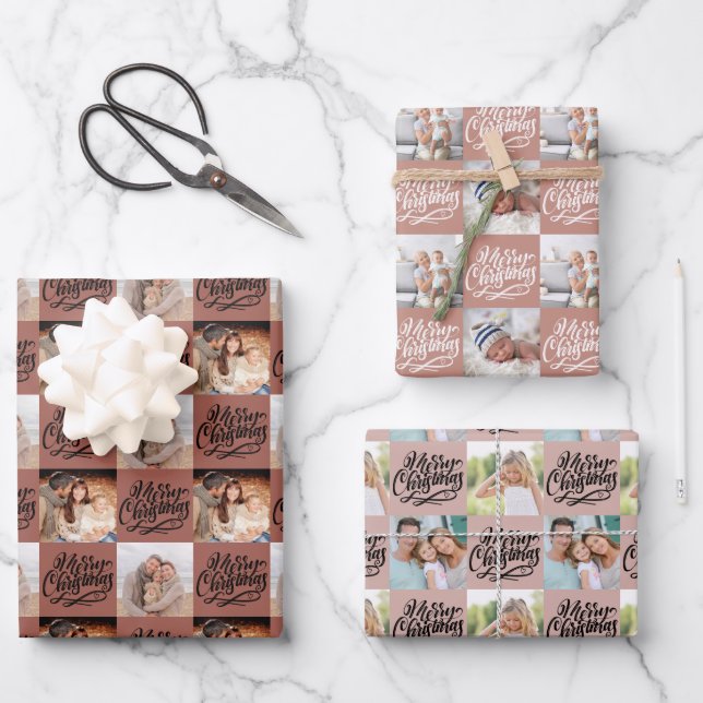 Merry Christmas Script Checkerboard 6 Photo Wrapping Paper Sheets (Front)