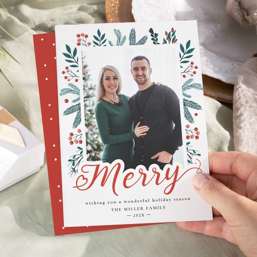 Merry Christmas Script Chic Holly and Pine Photo Holiday Card