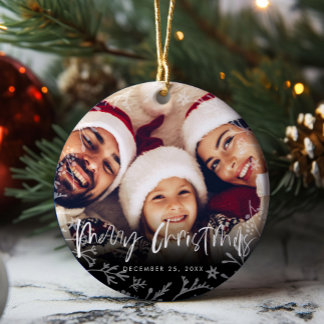 Merry Christmas Script Copy Photo Ceramic Ornament