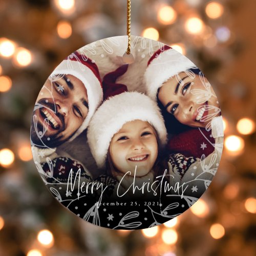 Merry Christmas Script Copy Photo Ceramic Ornament