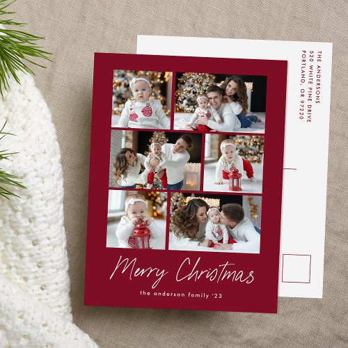 Merry Christmas Script Cranberry 6 Photo Collage Holiday Postcard
