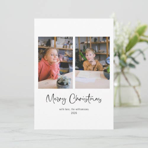 Merry Christmas Script Custom Message Three Photo  Holiday Card