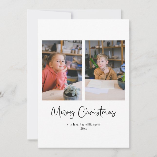 Merry Christmas Script Custom Message Three Photo  Holiday Card (Front)