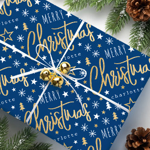Merry Christmas Script Custom Name Blue Faux Gold Wrapping Paper