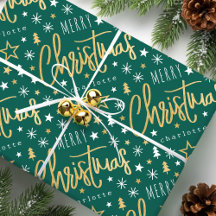 Merry Christmas Script Custom Name Green Faux Gold