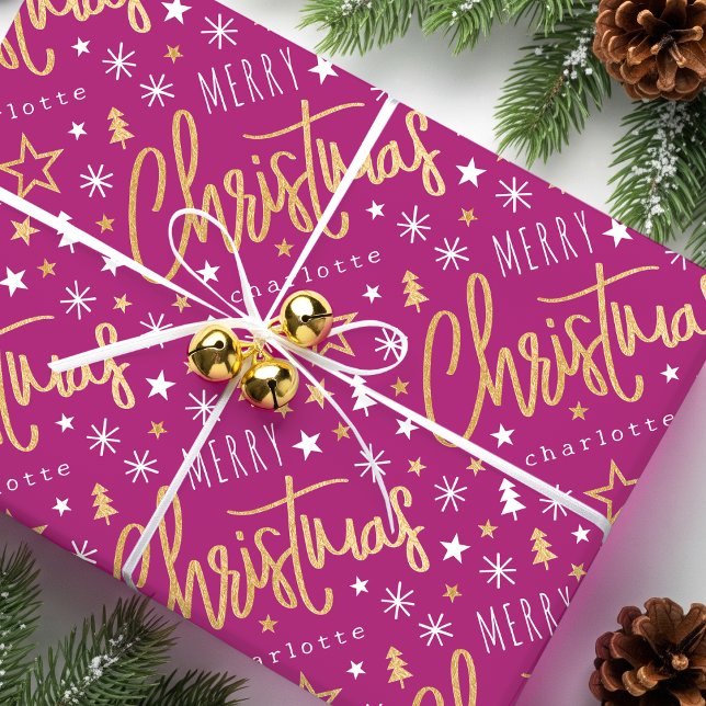 Merry Christmas Script Custom Name Pink Faux Gold Wrapping Paper (Creator Uploaded)