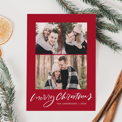 Merry Christmas Script Dark Red 3 Photo Collage Holiday Card