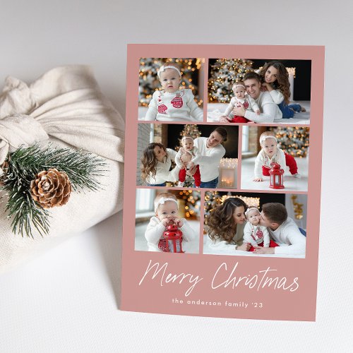 Merry Christmas Script Dusty Rose 6 Photo Collage Holiday Card