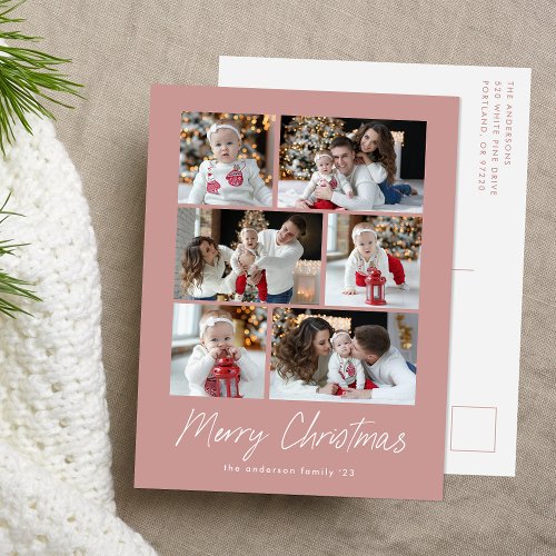 Merry Christmas Script Dusty Rose 6 Photo Collage Holiday Postcard