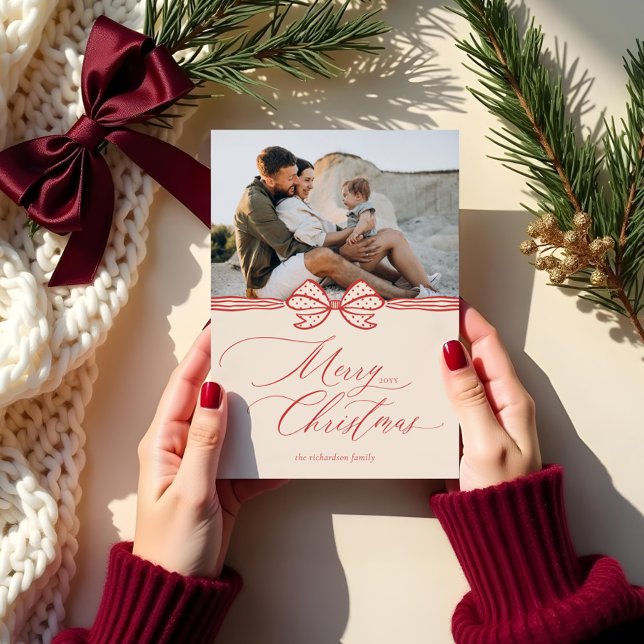 Merry Christmas Script Elegant Bow & Ribbon Photo Holiday Card (Merry Christmas Script Elegant Bow & Ribbon Photo Holiday Card)