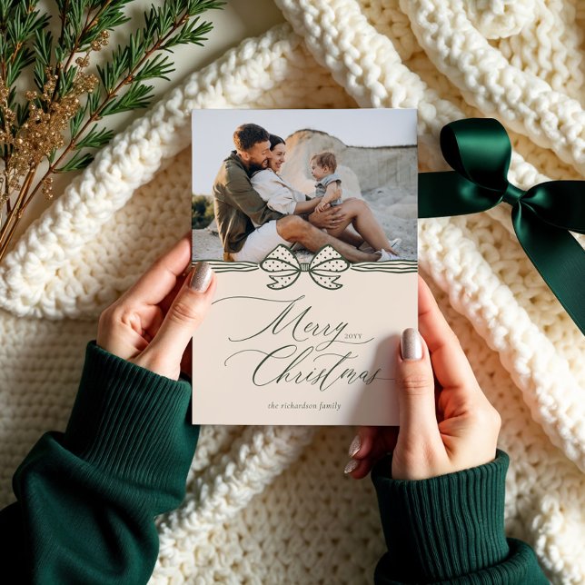Merry Christmas Script Elegant Bow & Ribbon Photo Holiday Card (Merry Christmas Script Elegant Bow & Ribbon Photo Holiday Card)