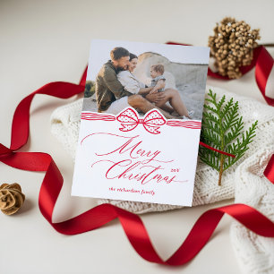 Merry Christmas Script Elegant Bow & Ribbon Photo Letterpress Photo Cards