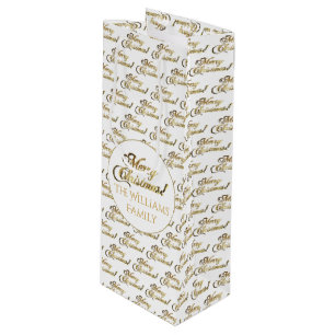 Merry Christmas Script Elegant White and Gold Wine Gift Bag