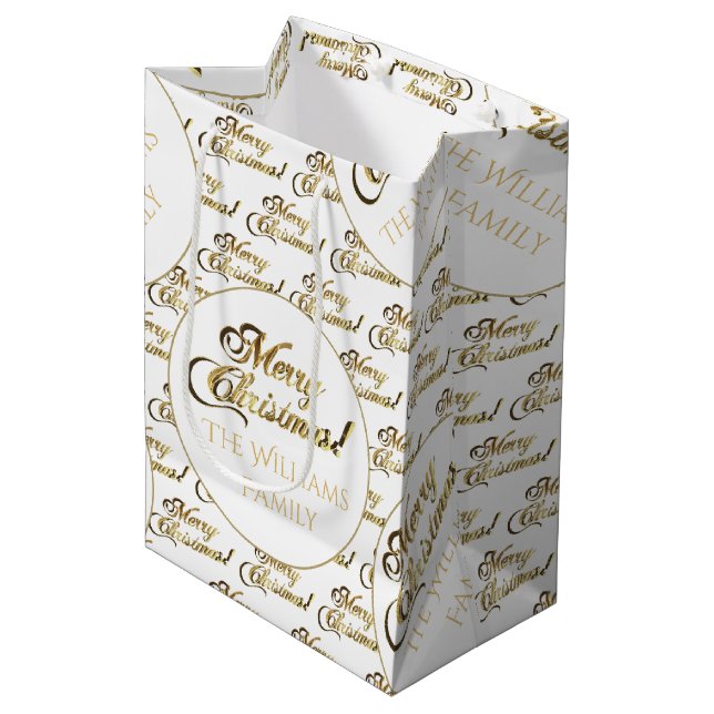 Merry Christmas Script Elegant White Gold Add Name Medium Gift Bag (Front Angled)