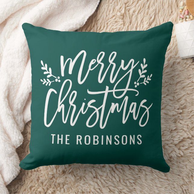 Merry Christmas Script Family Name Emerald Throw Pillow (Blanket)