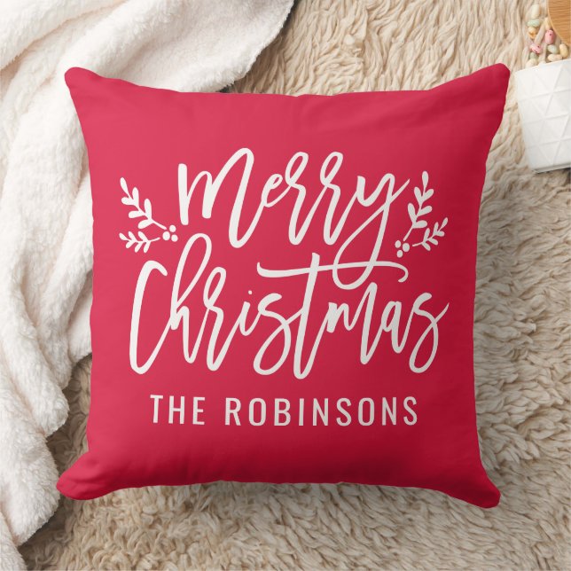 Merry Christmas Script Family Name Red Throw Pillow (Blanket)
