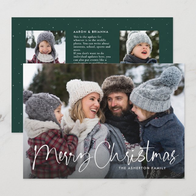 Merry Christmas script family newsletter green Holiday Card (Front/Back)