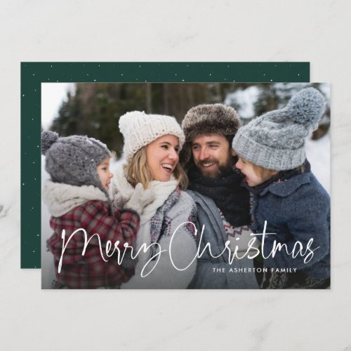 Merry Christmas script family newsletter green Holiday Card