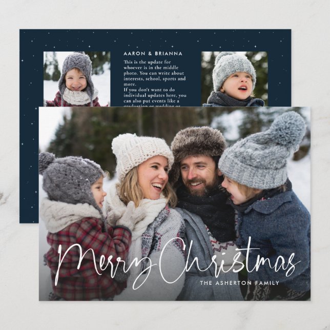 Merry Christmas script family newsletter navy blue Holiday Card (Front/Back)