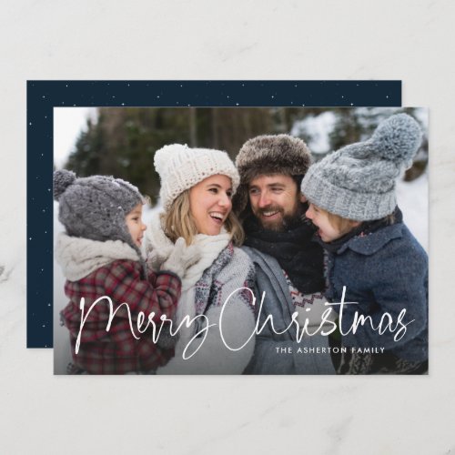 Merry Christmas script family newsletter navy blue Holiday Card