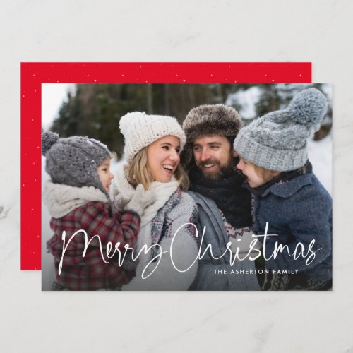 Merry Christmas script family newsletter red Holiday Card