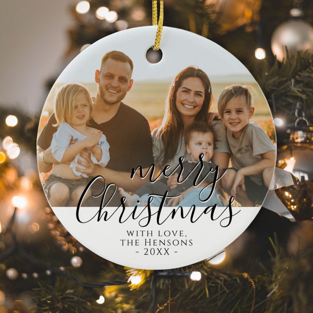Merry Christmas Script Family Photo  Ceramic Ornament (Creator Uploaded)