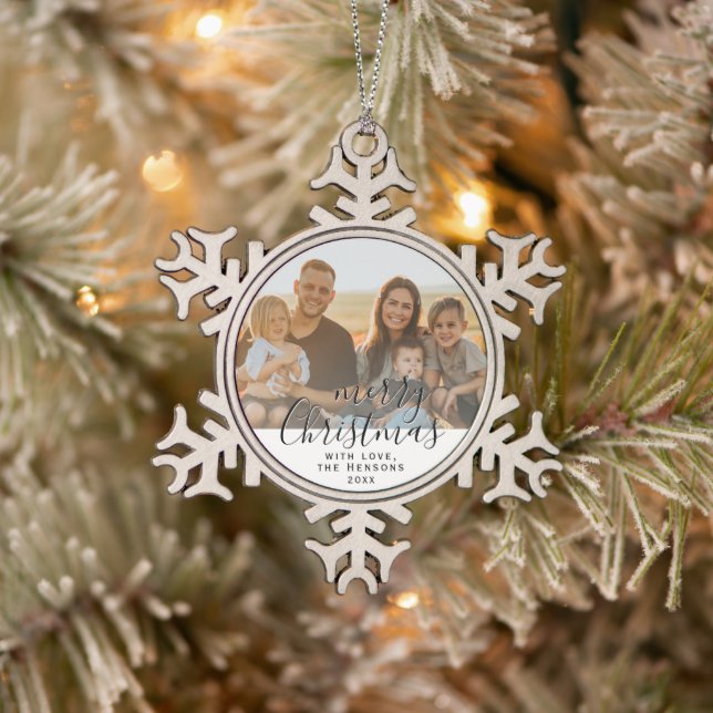 Merry Christmas Script Family Photo  Ceramic  Snowflake Pewter Christmas Ornament (Tree)
