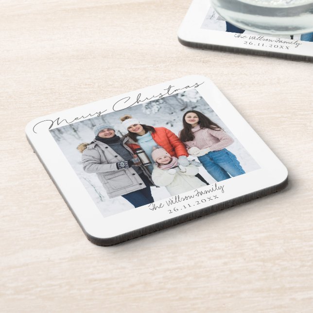 Merry Christmas Script Family Photo Christmas Beverage Coaster (Left Side)